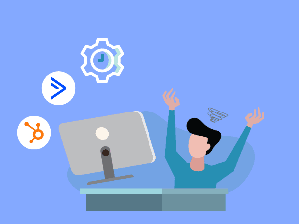 Illustration of a person feeling overwhelmed at a computer desk, surrounded by symbols representing time management and technical issues.