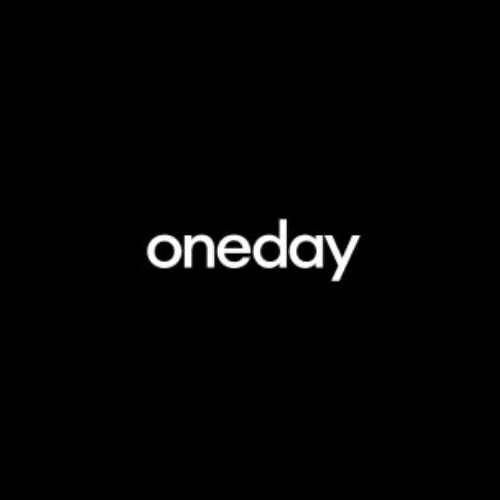 Minimalist black and white logo of 'oneday,' with lowercase modern typography.