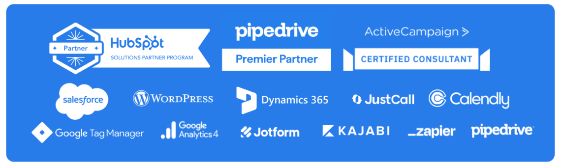 Growth Geyser is a HubSpot Solutions Partner, Pipedrive Premier Partner, and ActiveCampaign Certified Consultant, with additional expertise in Salesforce, WordPress, Microsoft Dynamics 365, JustCall, Calendly, Google Tag Manager, Google Analytics 4, Jotform, Kajabi, and Zapier.